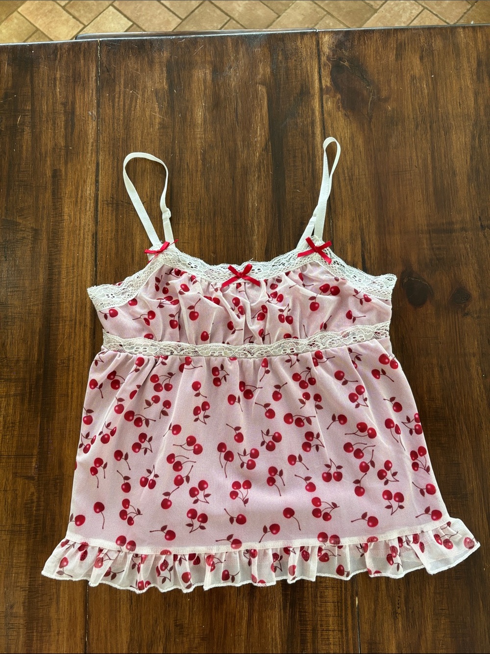 ROMWE Pink-Red Cherry Print Ruffle Cami